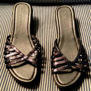 Pewter sequin strapped wedge Shoes NWOT